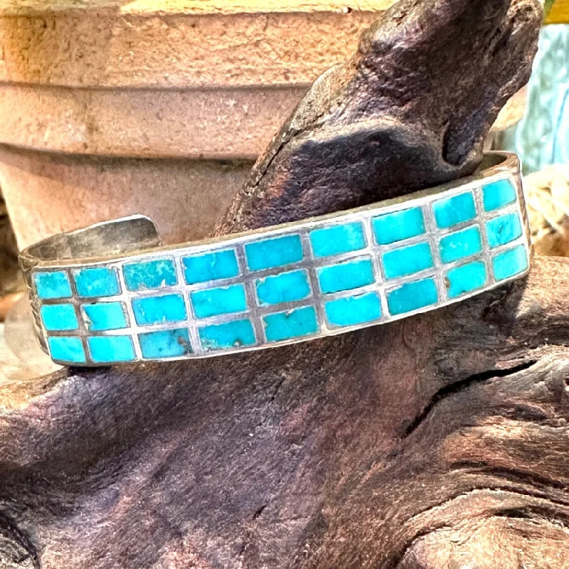 Cotton cord bangles-Vintage Zuni Sterling Silver Turquoise Window Pane Bracelet