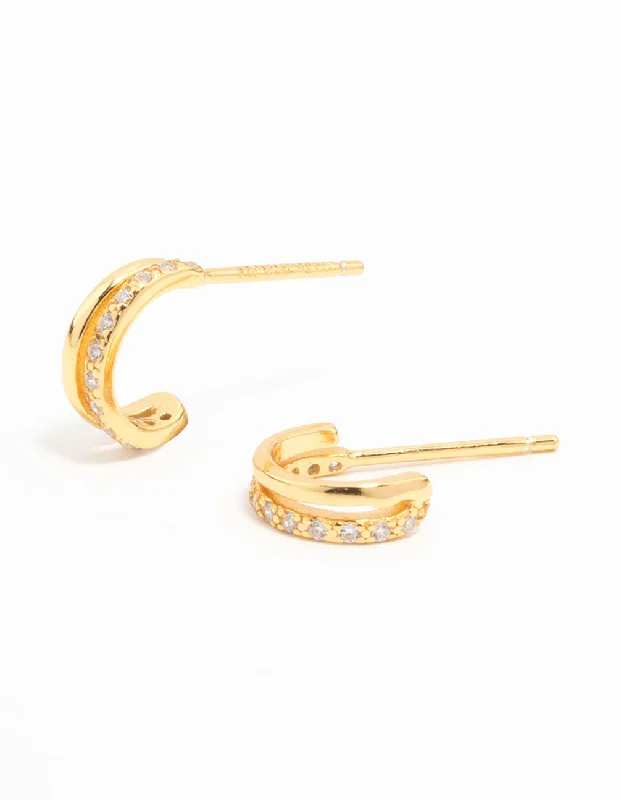 Trekker feather earrings-Gold Plated Sterling Silver Double Hoop Earrings