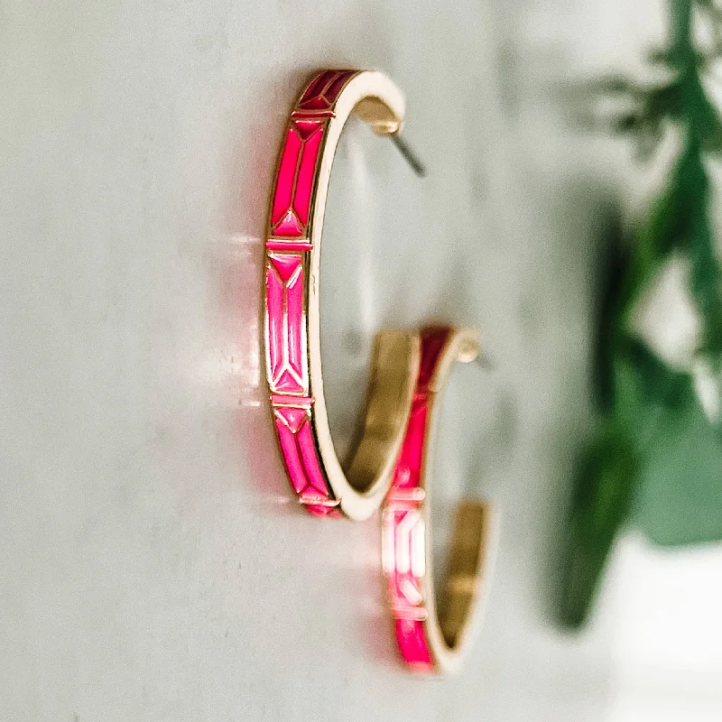 Thick tier earrings-Bright Pink Enamel and Gold Hoop Earrings