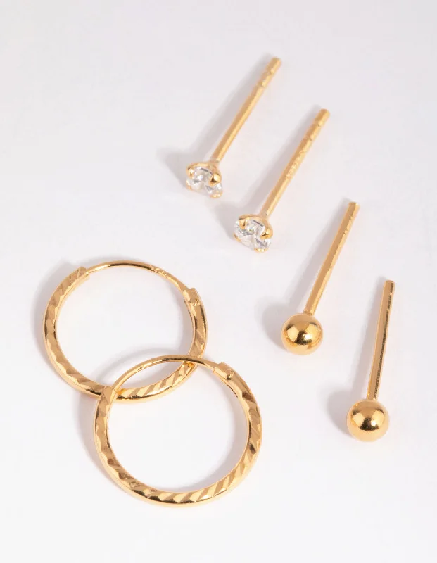 Smooth drop earrings-Gold Plated Sterling Silver Ball Stud & Hoop Earring Pack