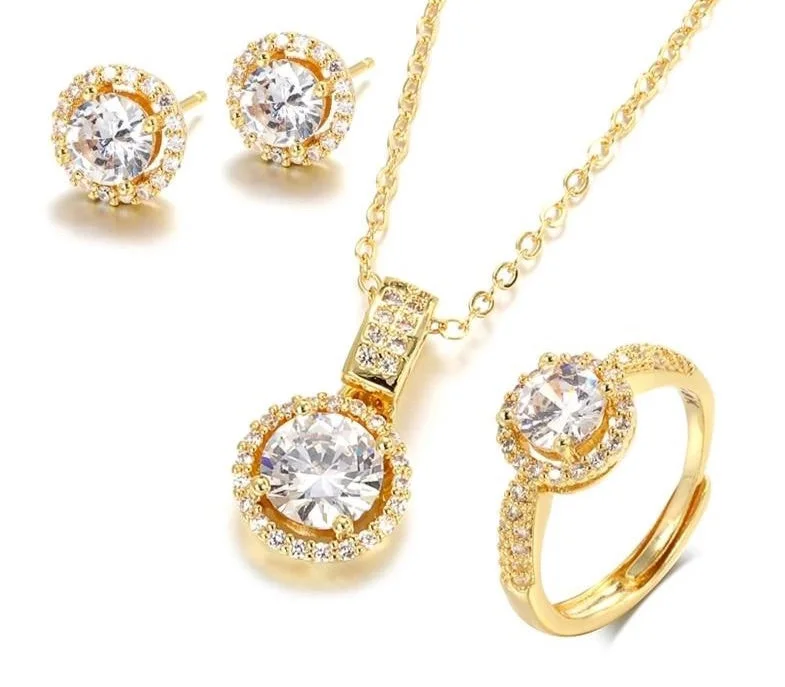 14k Gold Plated or Silver Zircon Necklace, Earring, & Ring Set