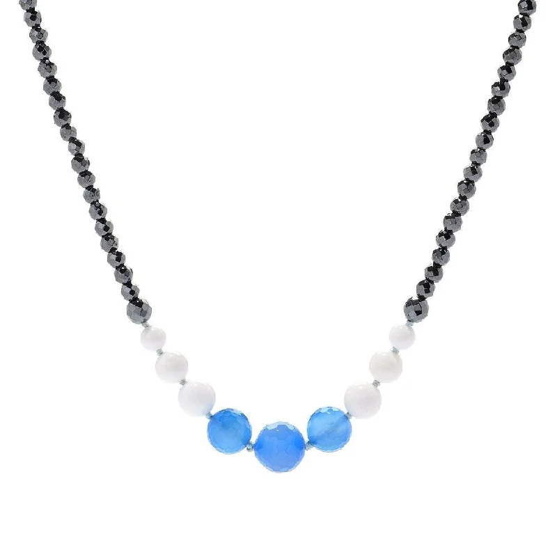 Soft thread necklaces-Aqua Chalcedony Hematite, White Agate & Gemstone Bead Necklace 42"