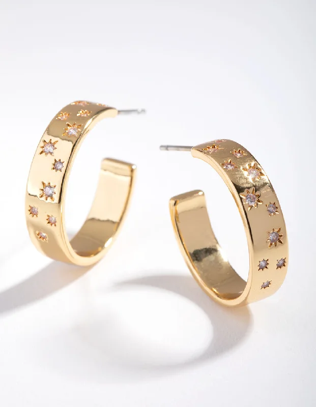 Shiny gold earrings-Gold Plated Diamante Star Hoop Earrings