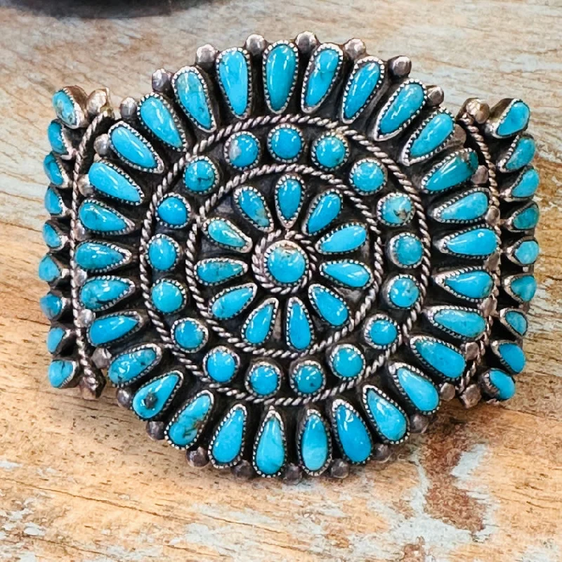 Whimsical bangles-Vintage Zuni Sterling Silver Petit Point Turquoise Rosette Bracelet