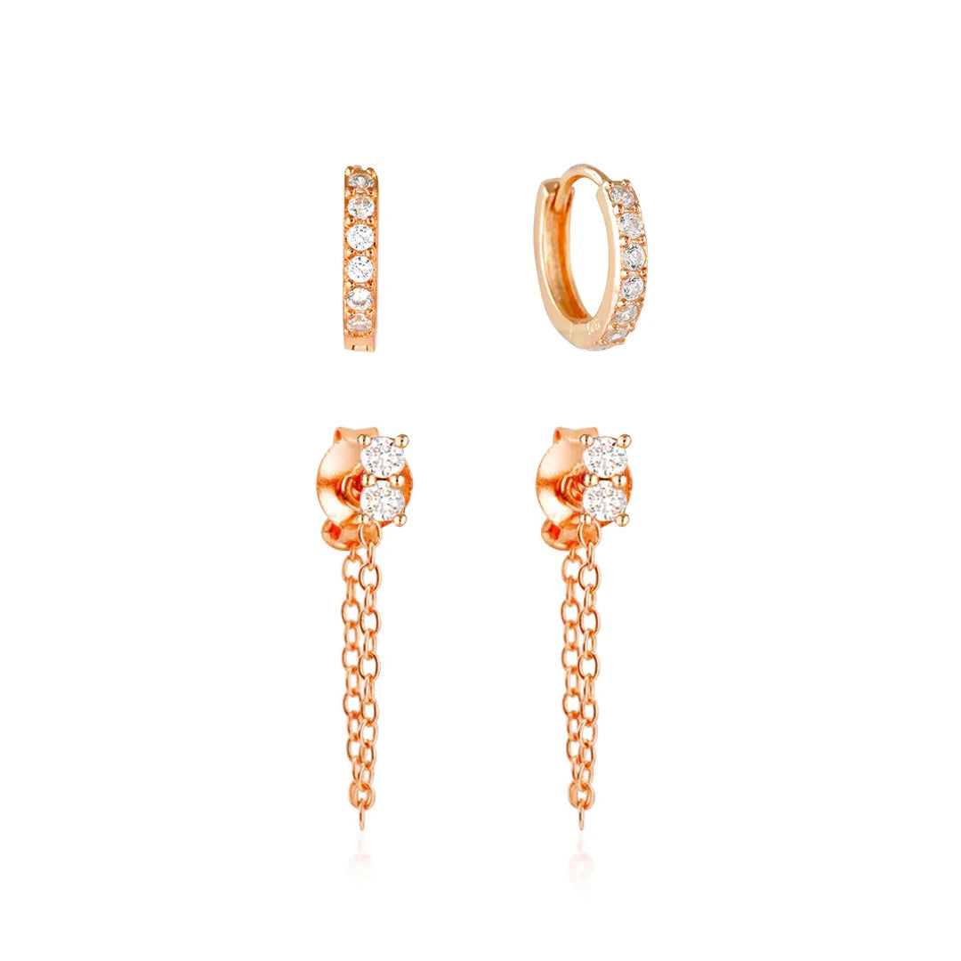 Glossy silver earrings-Jet Anniversary Set Rose Gold