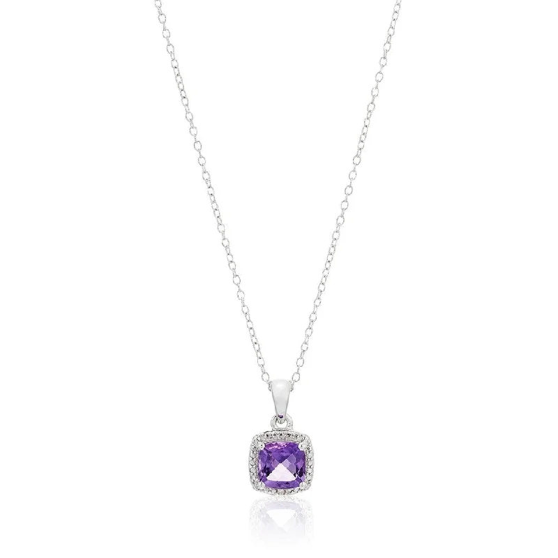 Stellar star necklaces-Ster Silver Cushion Amethyst & Diamond Accented Pendant Necklace, 18"