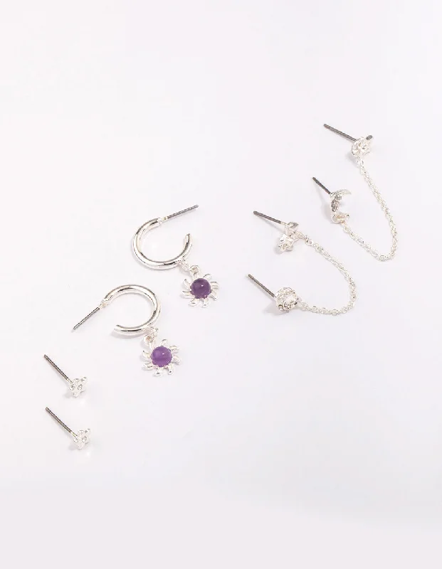 Bamboo style earrings-Silver Celestial Amethyst Chain Hoop Earring 4-Pack