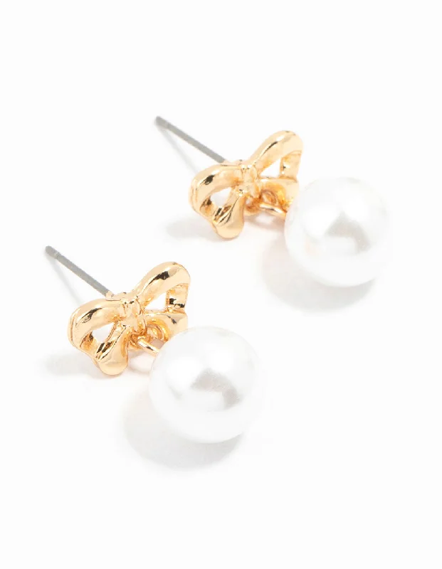 Light clay earrings-Gold  Pearl Drop Bow Stud Earrings