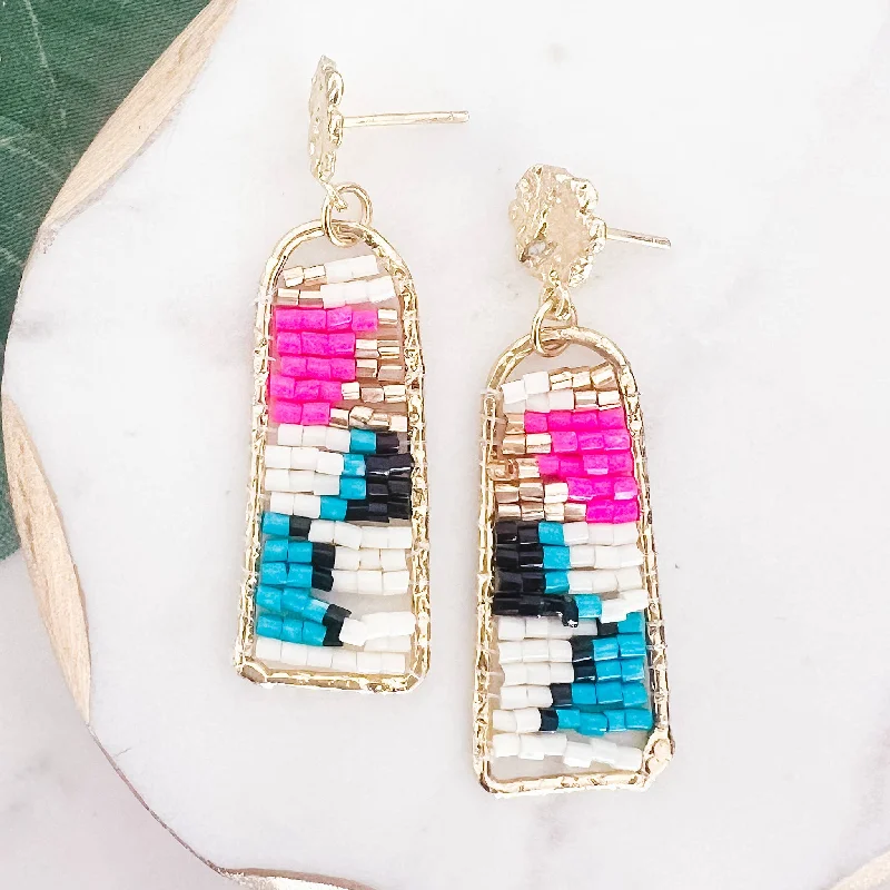 Surf motif earrings-Miami Multi Seed Bead Gold Dangle Earrings