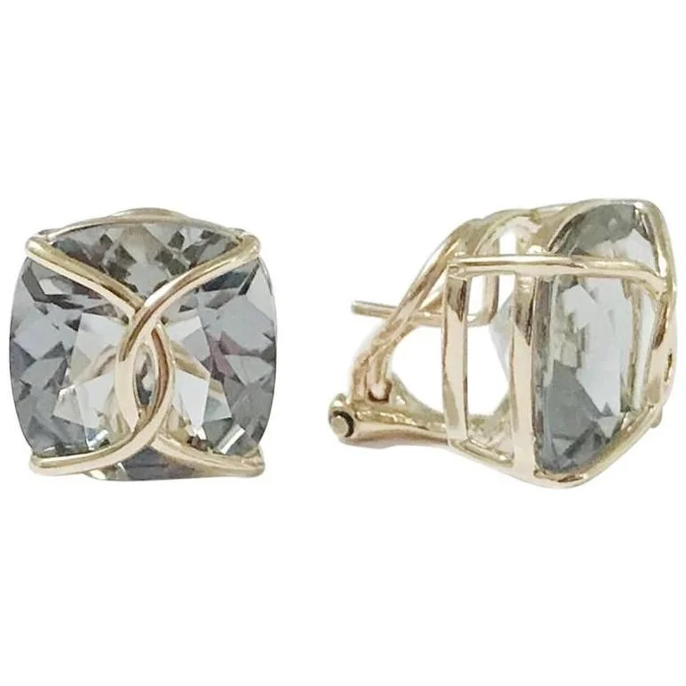 Astro charm earrings-Green Amethyst Cushion Stud Earring with Yellow Gold Wire Wrap