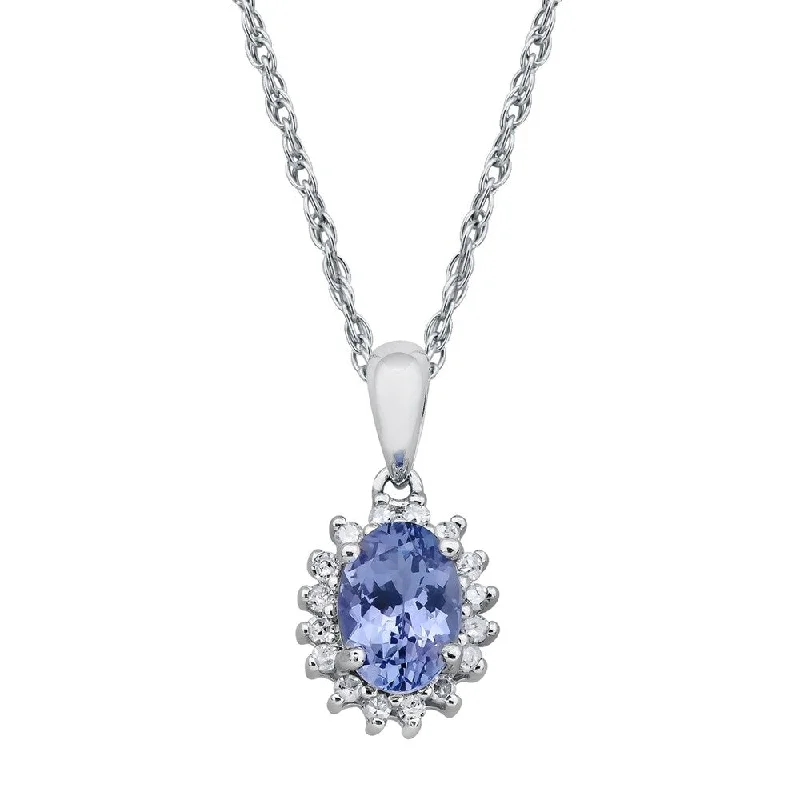 Spiral knot necklaces-Viducci 10k White Gold Oval Tanzanite and 1/6ct Diamond Halo Necklace