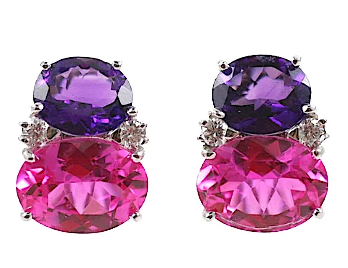 Thin pearl earrings-Large GUM DROP™ Earrings with Deep Amethyst and Pink Topaz and Diamonds