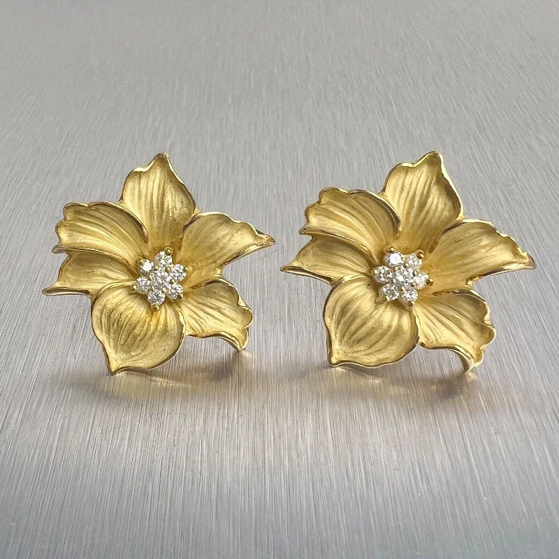 Square stud earrings-18k Yellow Gold Diamond Peach Blossom Flower Omega Back Earrings 0.50ctw 21.3g