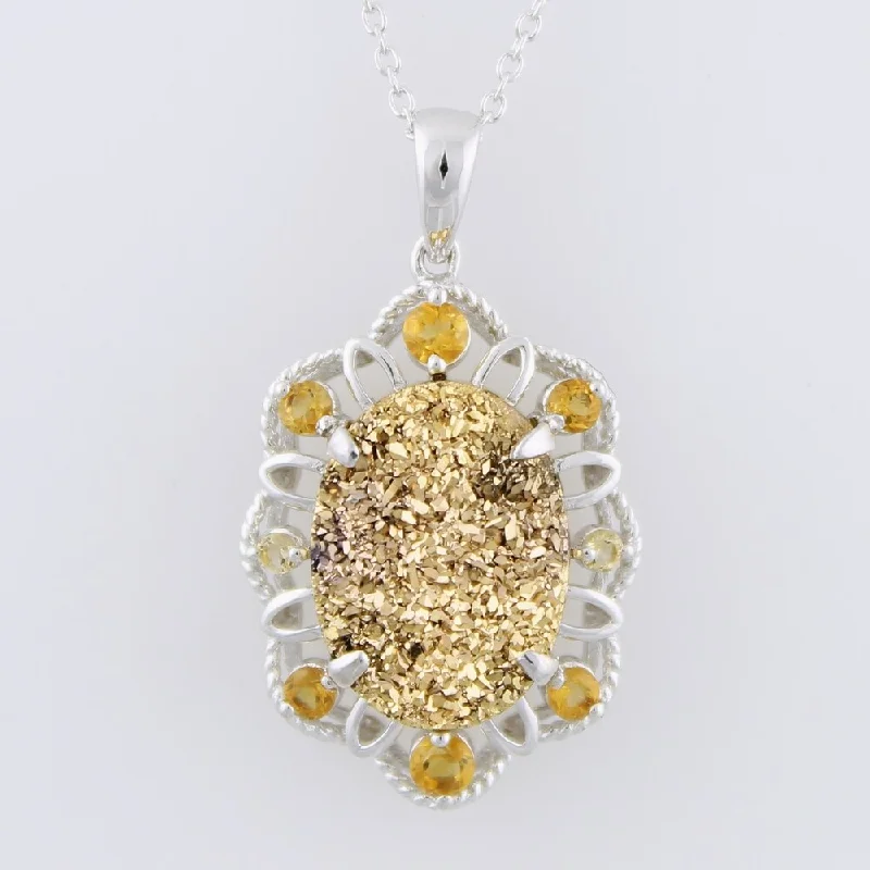 Shiny gold necklaces-Sterling Silver Drusy Citrine Necklace