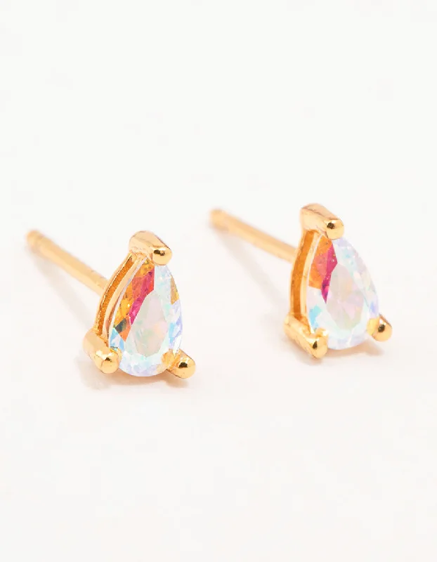 Half moon earrings-Gold Plated Sterling Silver Pear Cubic Zirconia Stud Earrings