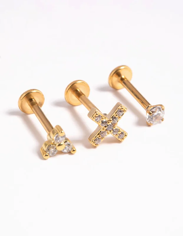 Oval dangle earrings-Gold Plated Titanium Cubic Zirconia Cross Flat Back Pack