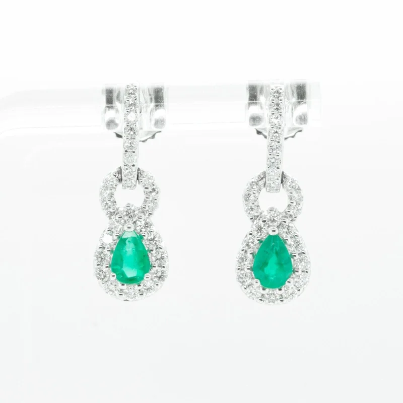 Polished art earrings-18k White Gold 1.15ctw Diamond 0.85ctw Pear Emerald Dangle Earrings 4.3g