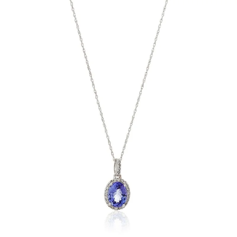 Tiny charm necklaces-14k White Gold Oval Tanzanite and Diamond Halo Pendant Necklace, 18"