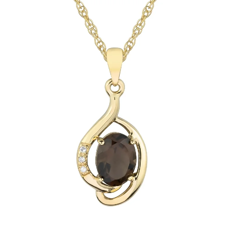 Wide bib necklaces-Viducci 10k Yellow Gold Genuine Oval Smoky Quartz and Diamond Pendant Necklace