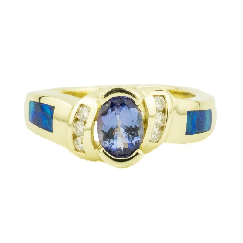 Surf theme engagement rings-0.71ctw Tanzanite with Opal & Diamond Accents Gemstone Ring in 14K Yellow Gold