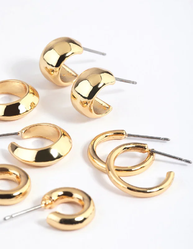 Wave design earrings-Gold Plated Mixed Hoop Earring 4-Pack