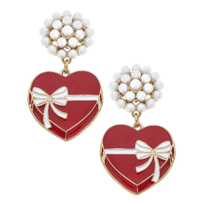 Baroque pearl earrings-Canvas Style - Valentine's Day Box of Chocolates Enamel Earrings in Red