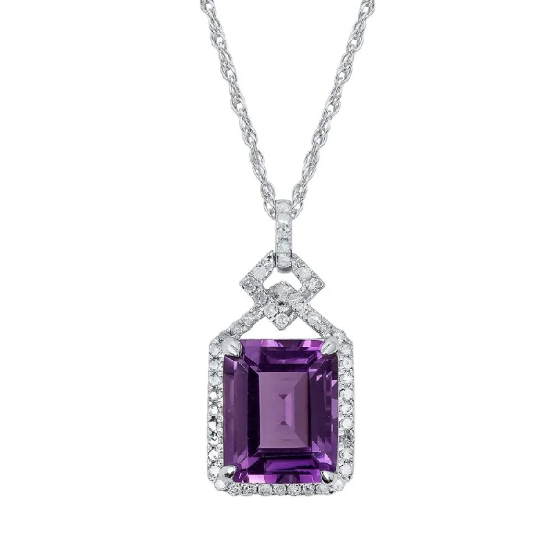 Alloy metal necklaces-Viducci 10k White Gold Genuine Emerald-cut Amethyst and 1/4ct Diamond Halo Necklace