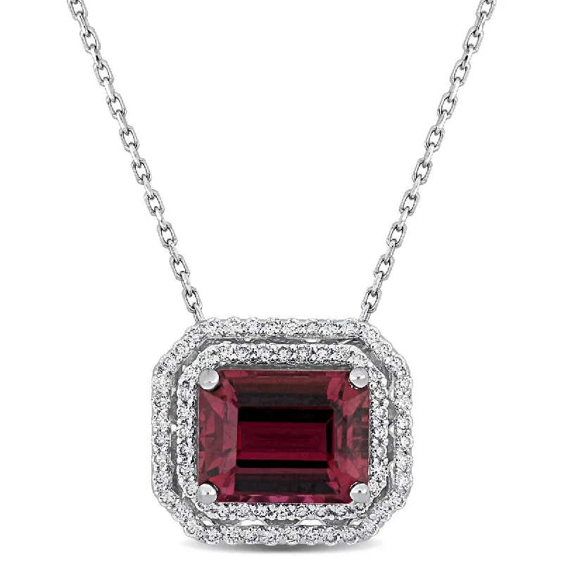 Sleek pendant necklaces-Miadora 3ct TGW Pink Tourmaline 1/3ct TW Diamond Halo Necklace in 14k White Gold