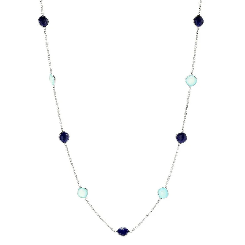 Fine bead necklaces-Sterling Silver 36" 10mm Cushion Shaped Lapis Station Necklace