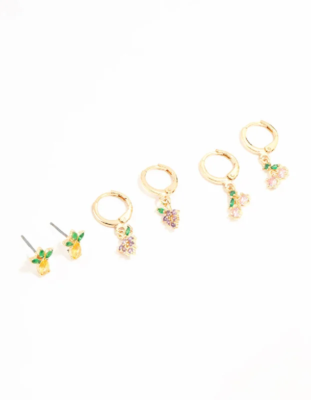 Reef knot earrings-Gold Mixed Fruit Studs & Huggie Earrings 3-Pack