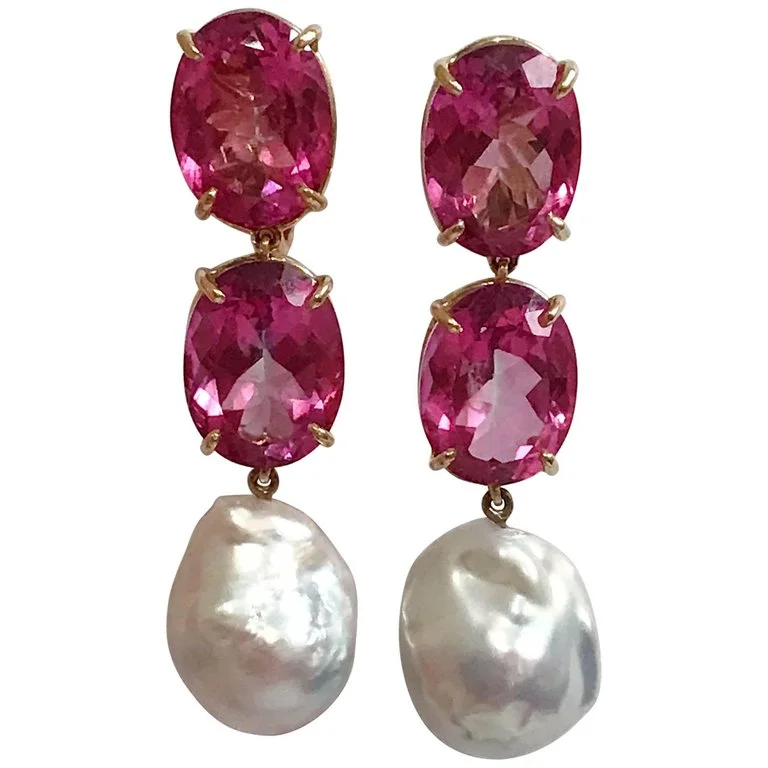 Wide bar earrings-Elegant Three-Stone Drop Earring with Pink Topaz and Baroque Pearl