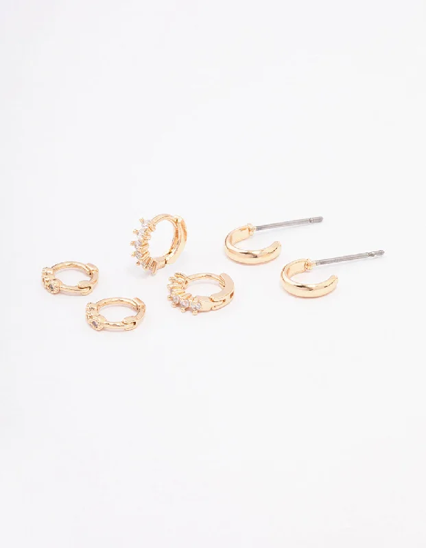 Radiant pearl earrings-Gold Mixed Diamante Huggie Hoop Earring 3-Pack