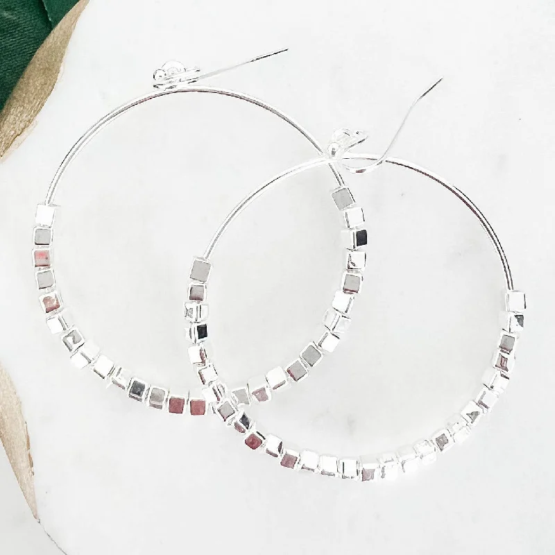 Bold cross earrings-Silver Beaded Circle Hoop Earrings