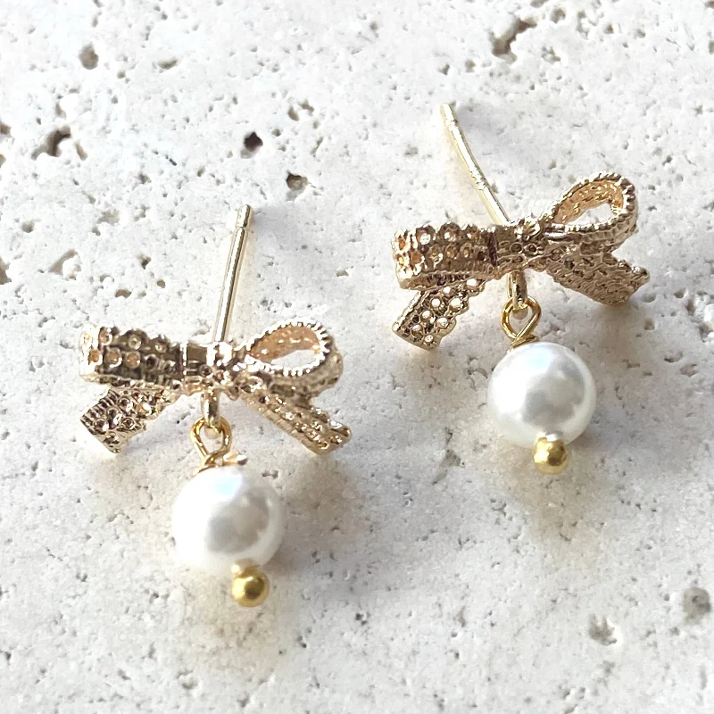 Crystal-twisted earrings-Bow Ribbon Lace Jewelry Pearl Earrings