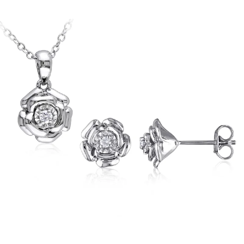 Linen cord necklaces-Miadora Sterling Silver 1/10ct TDW Diamond Flower Stud Earring and Necklace Set - White