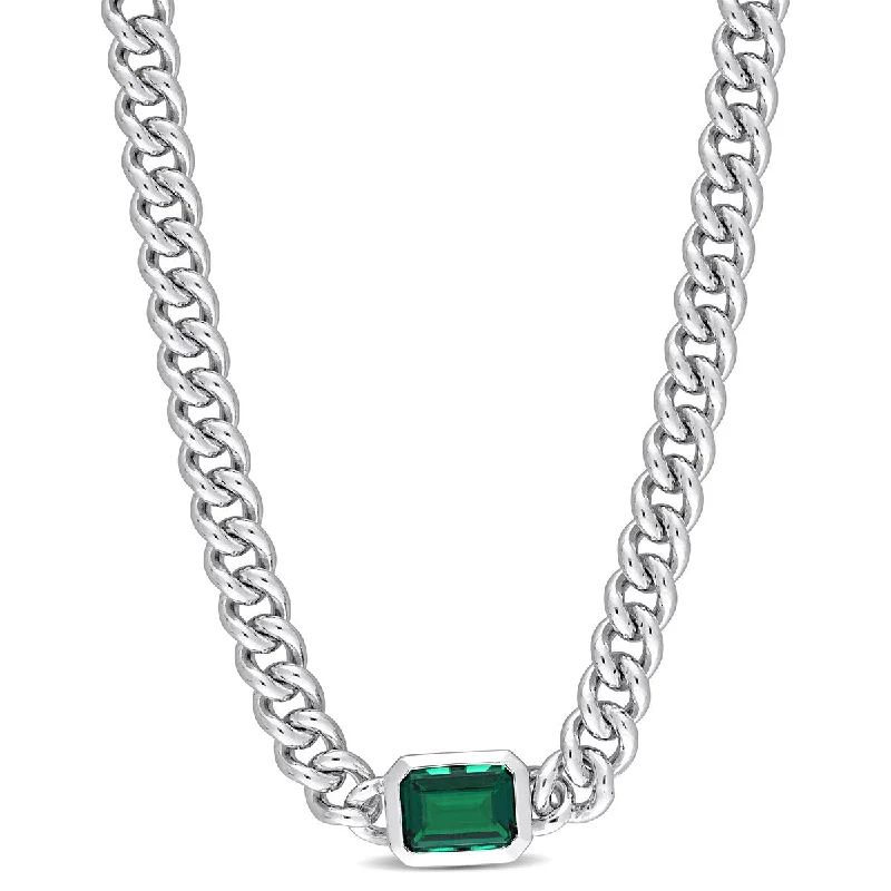 Alloy metal necklaces-Miadora 7/8ct TGW Octagon Created Emerald Curb Link Chain Necklace in Sterling Silver