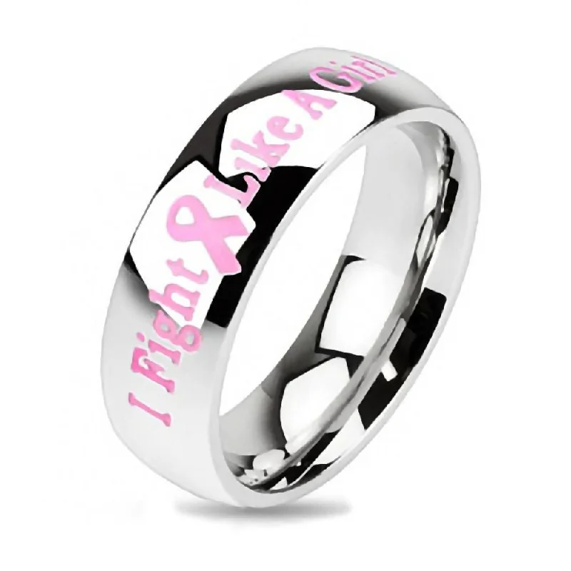 Wide halo engagement rings-Fight Like A Girl Stainless Steel Pink Breast Cancer Awareness Ring