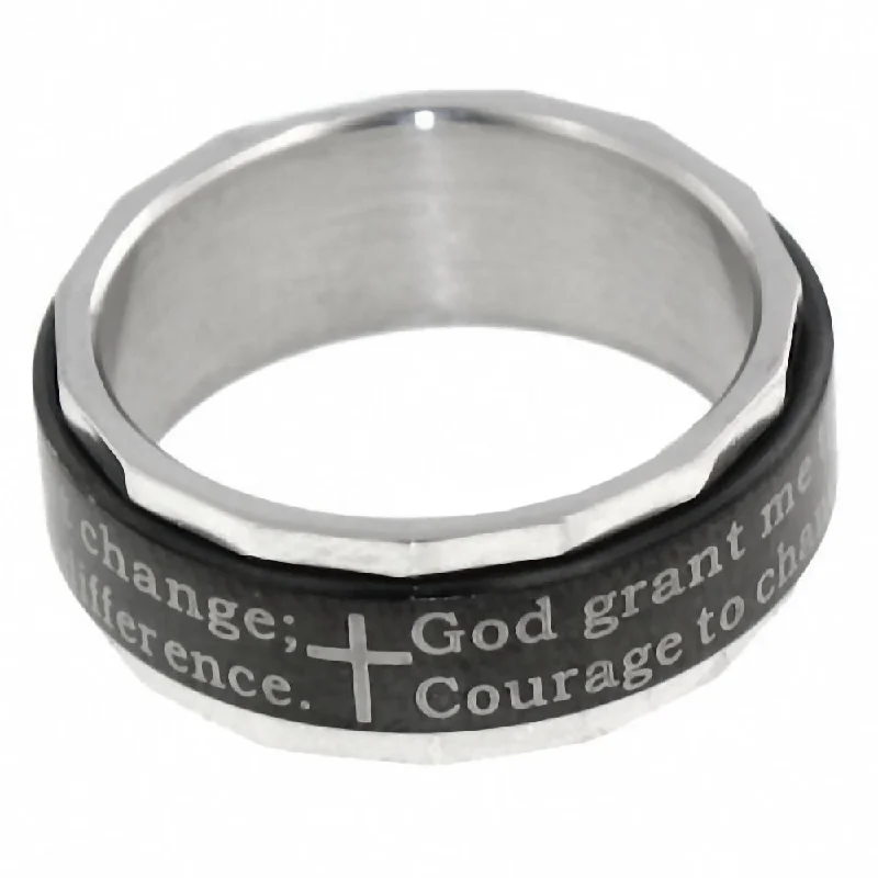 Fox motif engagement rings-Serenity: Serenity Prayer Inscribed Spinner 316 Steel Band Ring