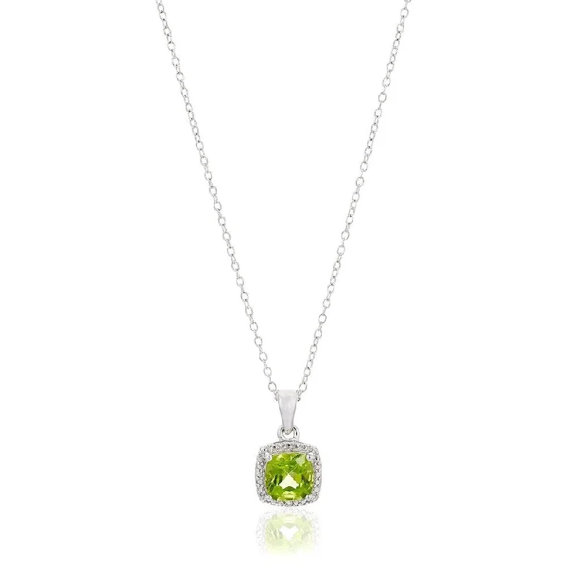 Soft thread necklaces-Sterling Silver Cushion Peridot Diamond Halo Pendant Necklace, 18"