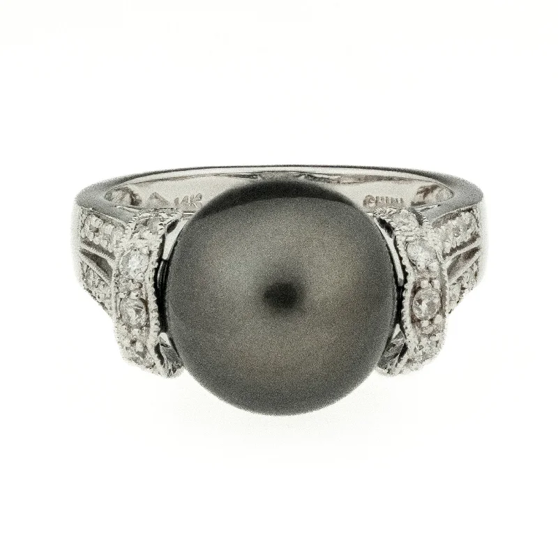 Tiny dot engagement rings-11.50mm Tahitian Black Pearl and Diamond Accents Ring in 14K White Gold