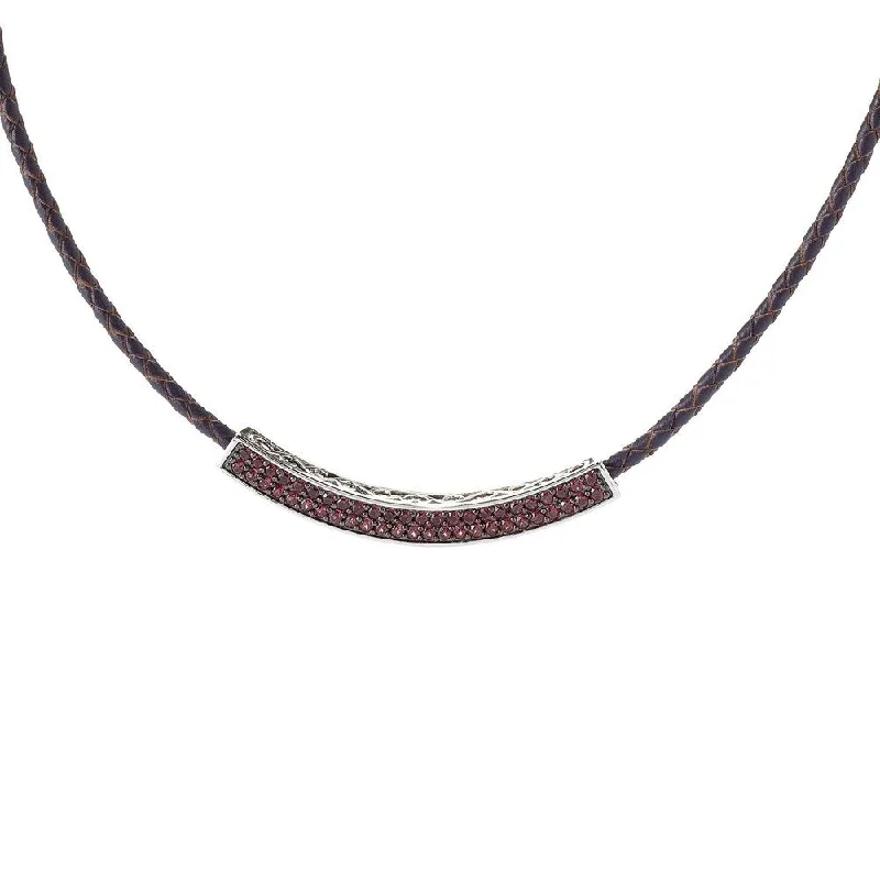 Zodiac charm necklaces-Platinum over Sterling Silver Rhodolite Curved Braided Leather Necklace