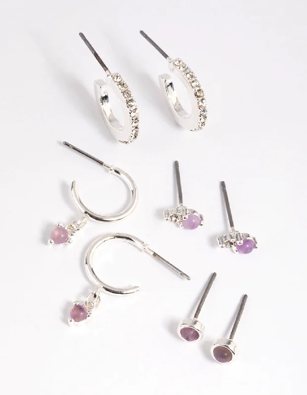 Lily motif earrings-Purple Amethyst Diamante Earring Stack Pack