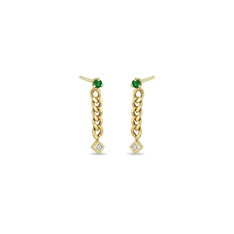 Wide bar earrings-14k Prong Emerald & Princess Diamond Small Curb Chain Drop Earrings