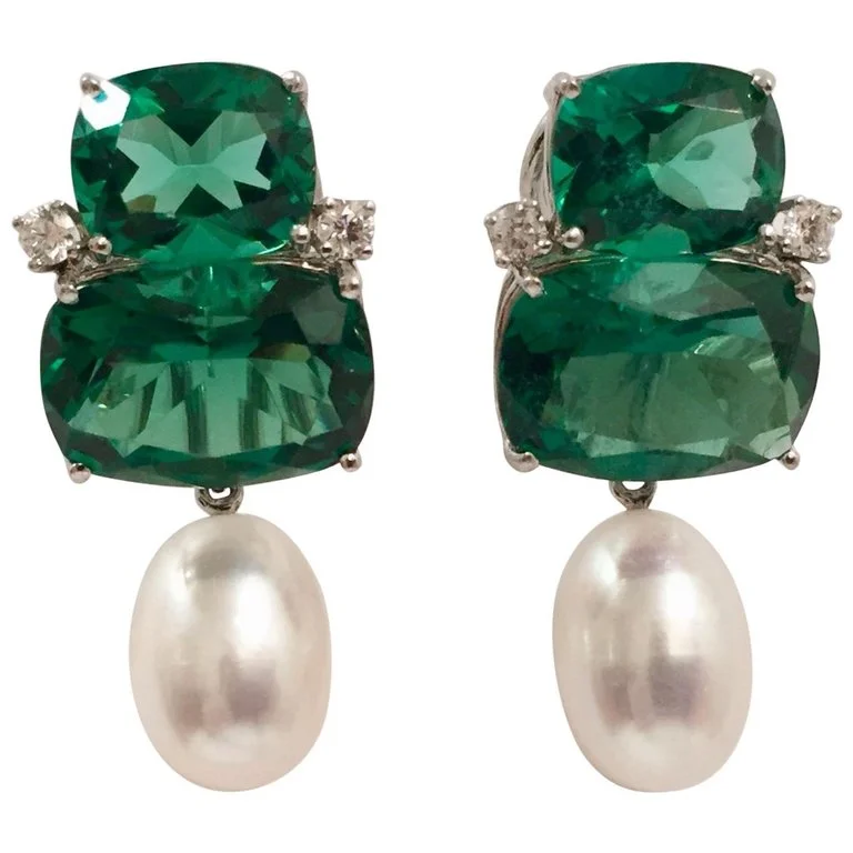 Trekker feather earrings-Double Cushion Green Quartz Earrings with Detachable Pearls