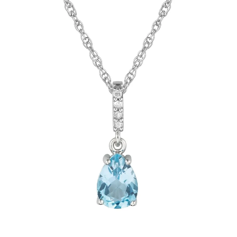 Spring clasp necklaces-Viducci 10k White Gold Genuine Pear-Shape Blue Topaz and Diamond Drop Pendant Necklace