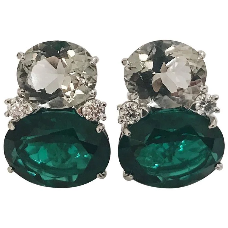 Topaz stone earrings-Large GUM DROP™ Green Amethyst and Green Topaz and  Diamond Earrings