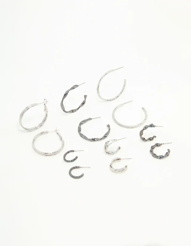 Tiny wing earrings-Mixed Shade Silver Twisted & Sleek Hoop Earrings 6-Pack