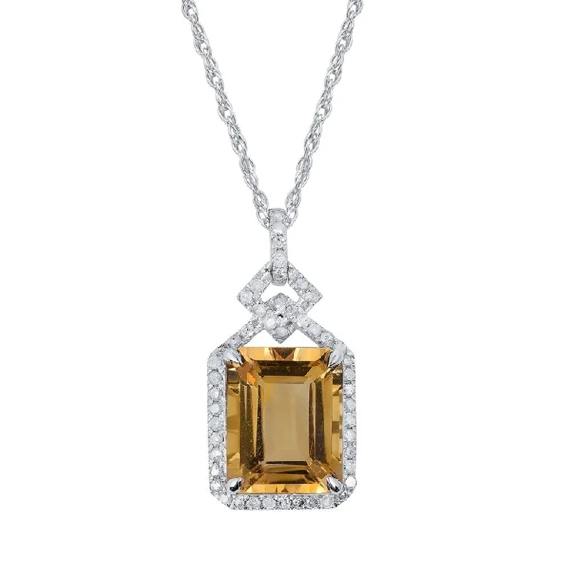 Spinel necklaces-Viducci 10k White Gold Genuine Emerald-cut Citrine and 1/4ct Diamond Halo Necklace