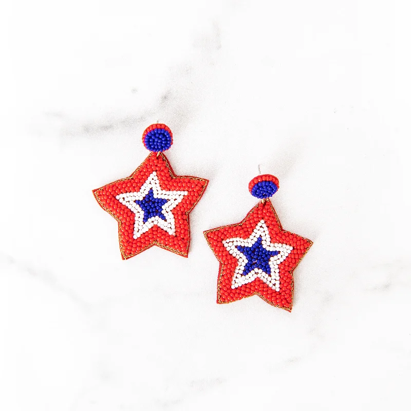 Tiny heart earrings-Patriotic Beaded Star Earrings