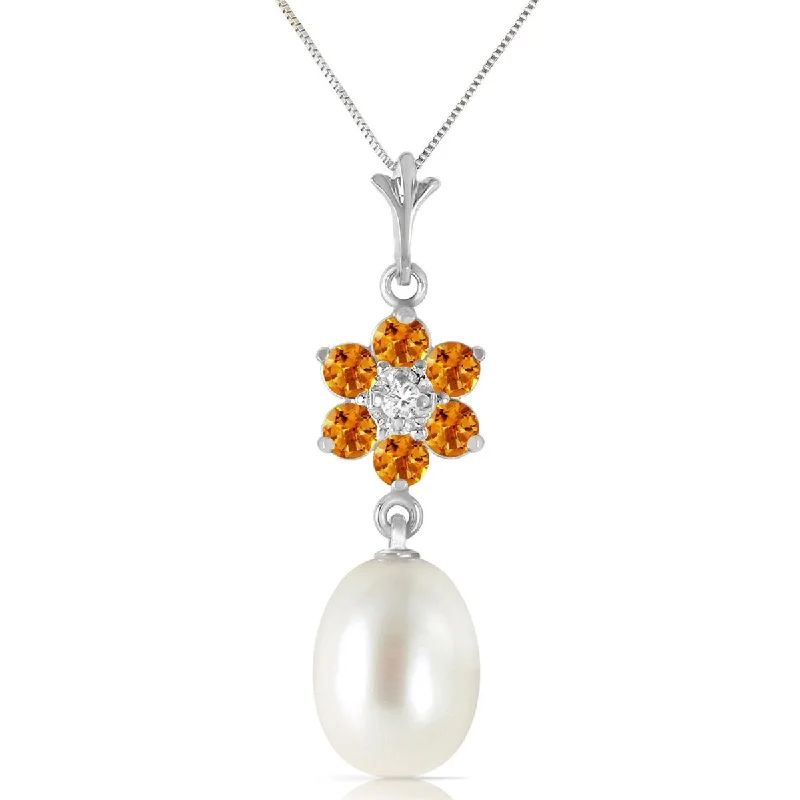 Chic art necklaces-4.53 Carat 14K Solid Gold Necklace Natural Pearl, Citrine Diamond